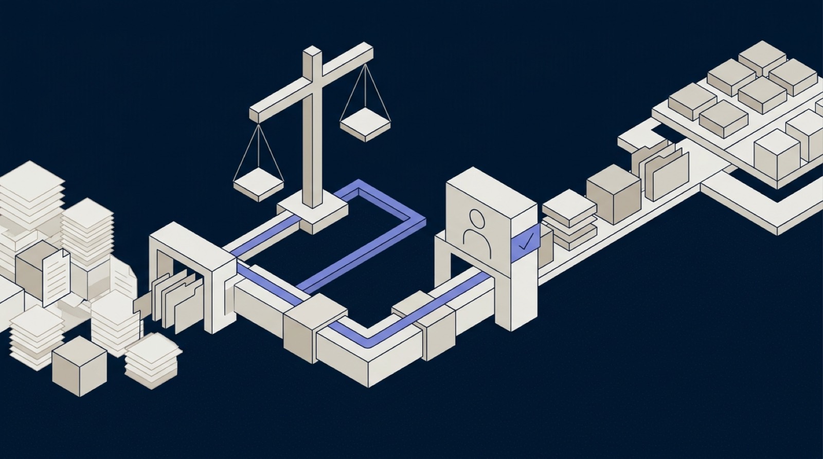 Isometric illustration: legal documents routed through an AI workflow with a human-review gate and a scales-of-justice motif, into an organised system