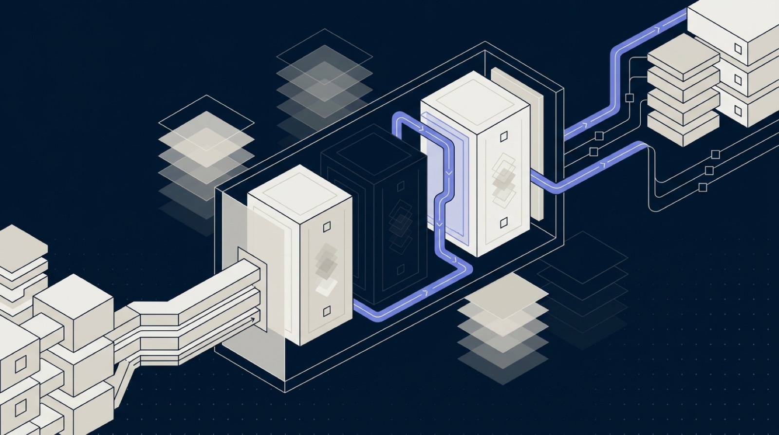 Isometric illustration: an AI automation pipeline with interchangeable, swappable model modules — one switched off and dimmed while the flow reroutes through an active module into an organised system, conveying model-agnostic supply-chain resilience