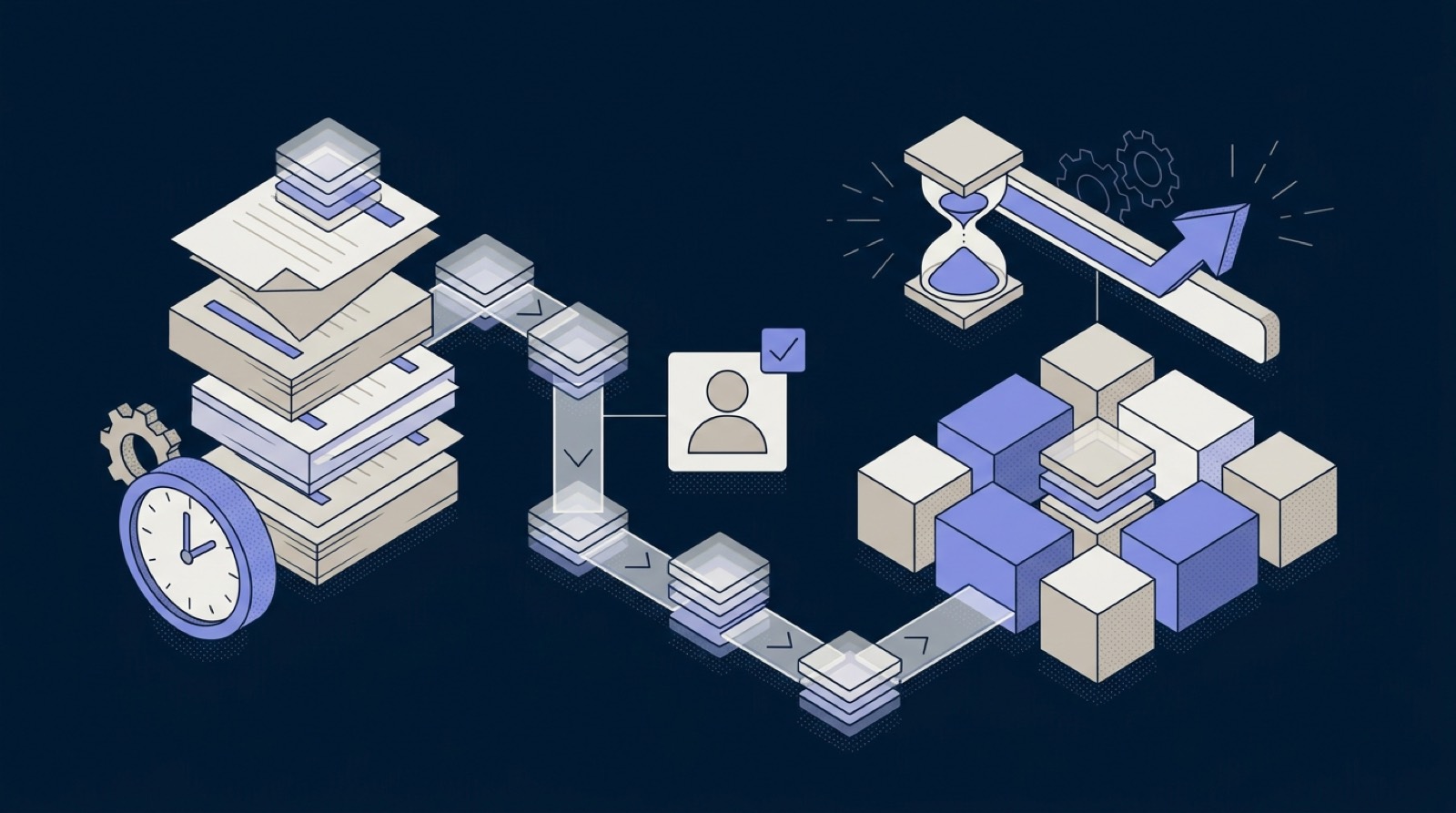 Isometric illustration: an insurance broker's manual admin flowing through a guided AI pipeline with a human-approval checkpoint into an organised system