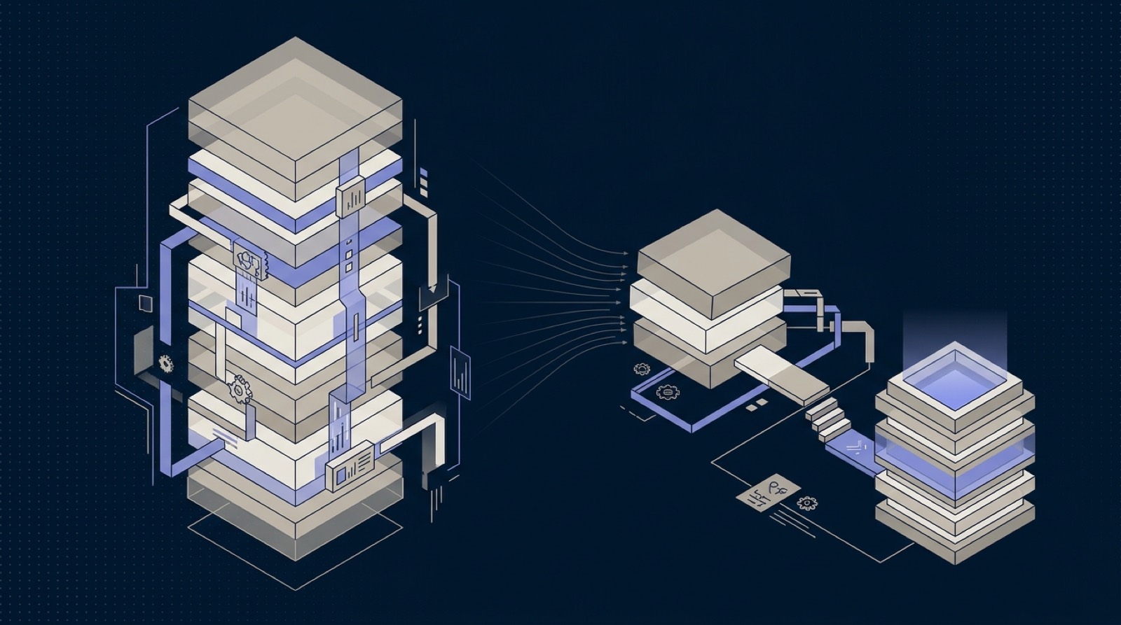 Isometric illustration: a large AI-powered insurer beside a smaller SME adopting governed AI to keep pace