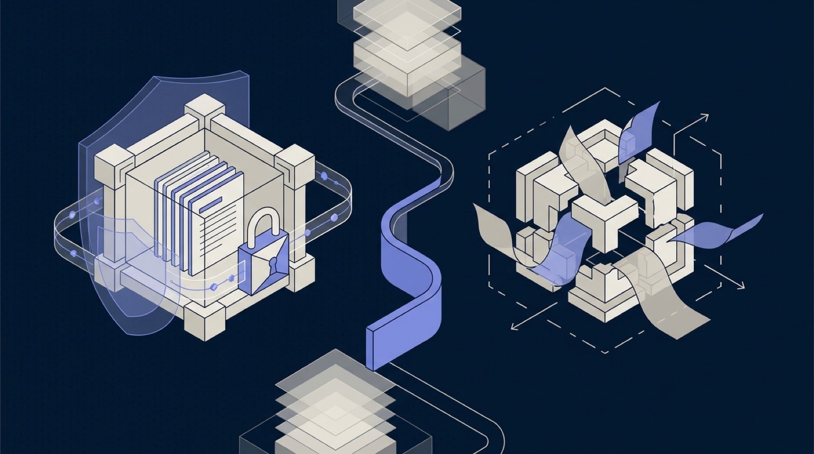 Isometric illustration: sensitive legal documents kept inside a secure private AI vault versus leaking from an open public chatbot