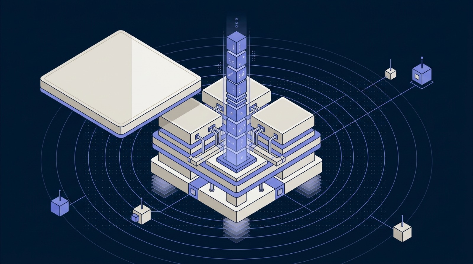 Isometric illustration: a website's polished surface panel lifted away to reveal a rebuilt structural core with an audit-trail spine, with signal rings radiating out to reader-nodes, conveying a digital foundation rebuilt and made readable to search engines and AI agents.