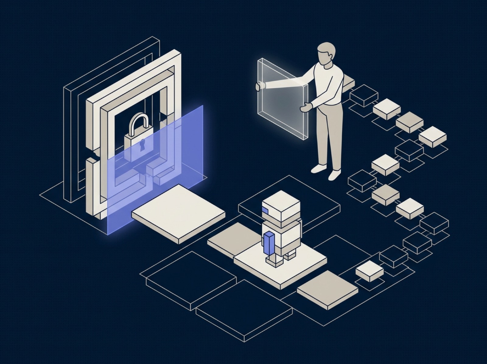 Isometric illustration of a supervised portal agent: a guided agent operating an MFA-gated portal under a person's per-action approval and an audit trail.