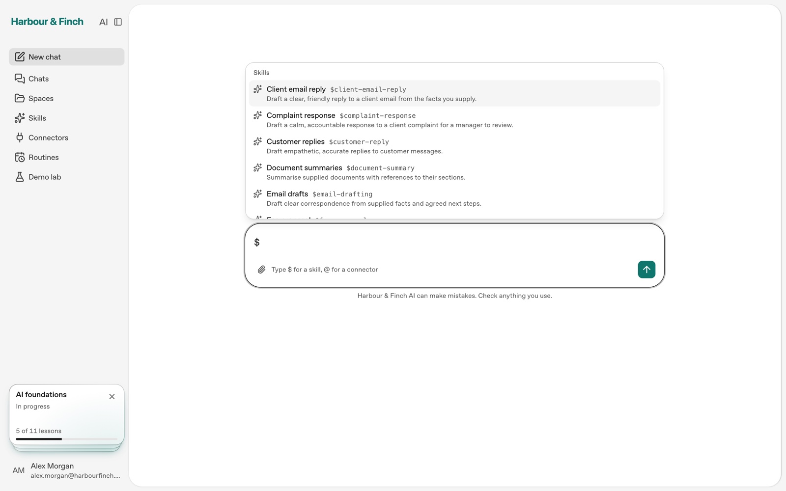 A North Stack portal for the example firm Harbour & Finch: chat with a list of the firm's skills